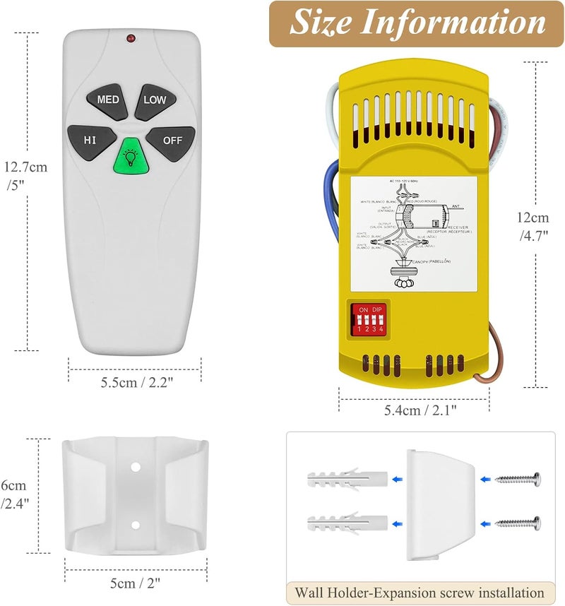 Prichor Universal Ceiling Fan Remote Control Kit for Harbor Breeze Hampton Bay, Hunter, Hunter Fan Remote for 3-Speed with Light Dimmer, Replace FAN-53T 2AAZPFAN-53T FAN-11T KUJCE9103 UC7030T - Image 3